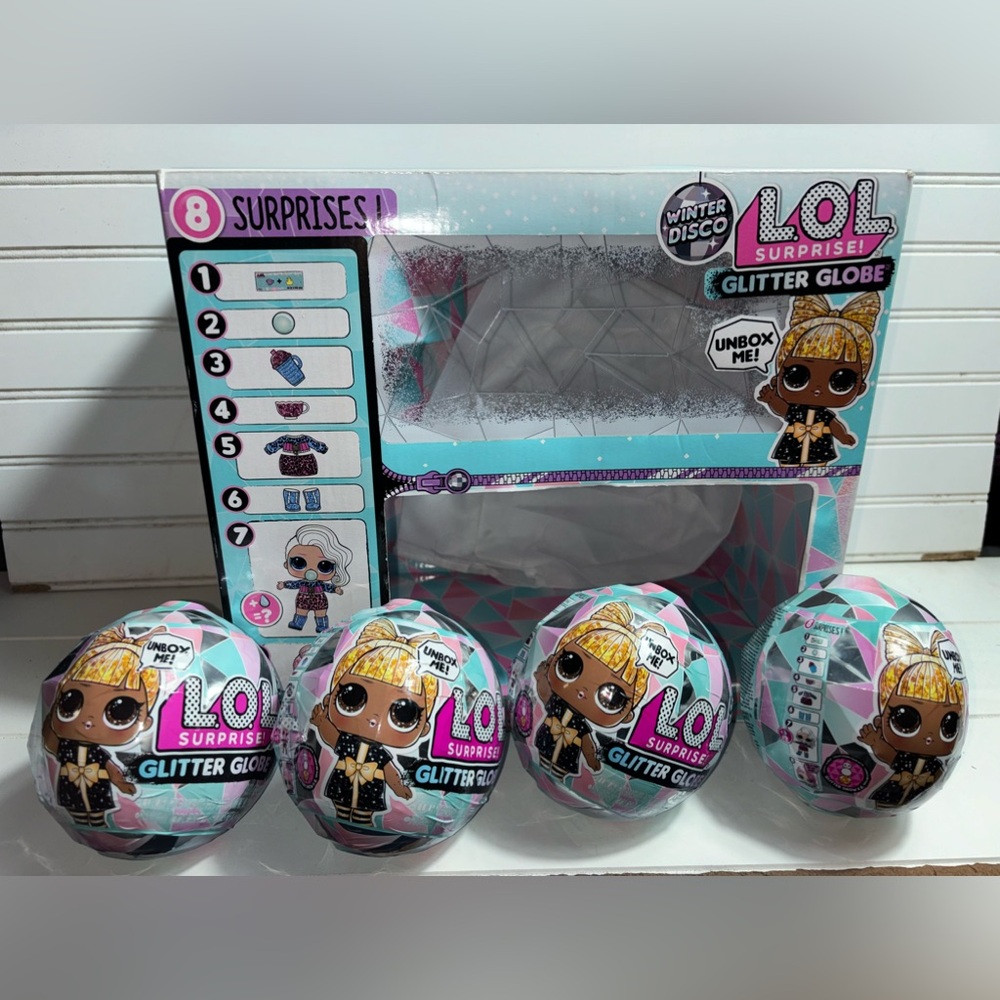 (4) LOL Surprise Winter Disco Series Glitter Globes with Display Lot New
